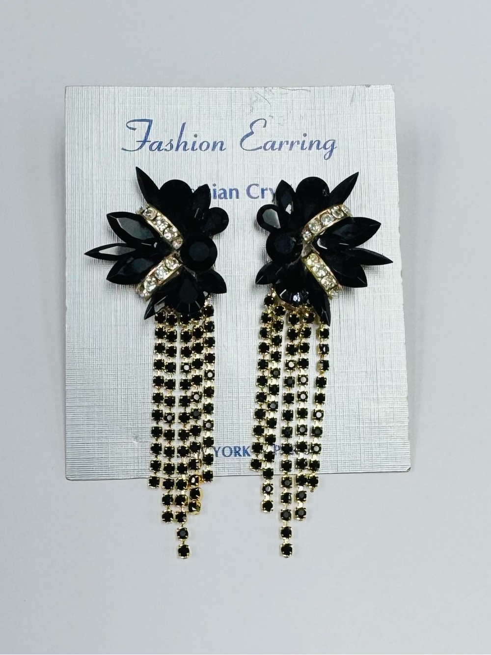 Vintage Black Austrian Crystal Clip-On Dangle Earrings Gold Tone Statement